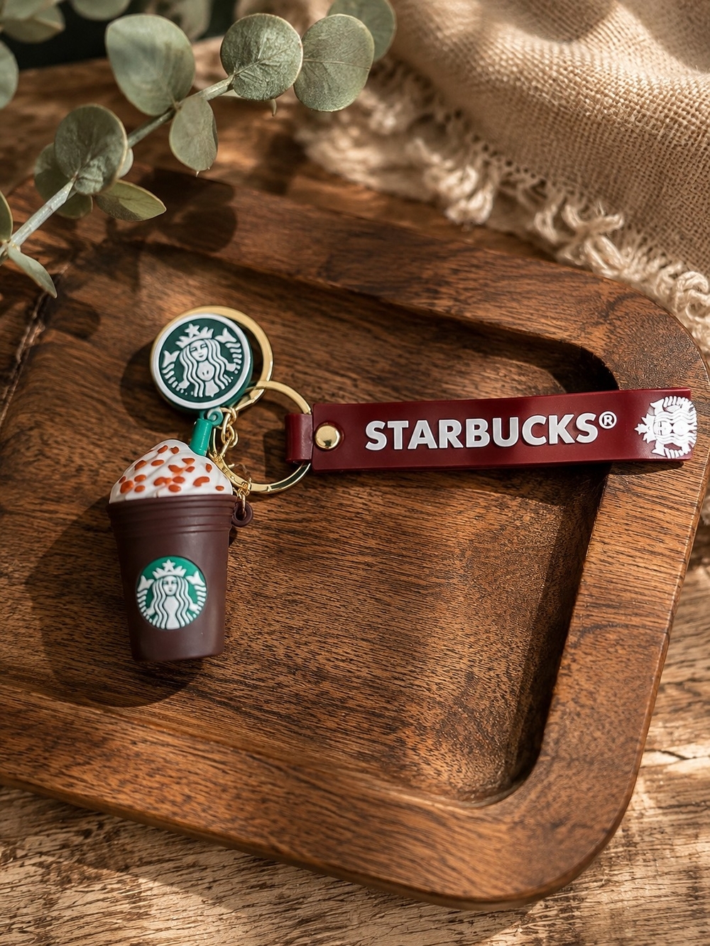 Starbucks Burgundy Logo Keychain Card Holder with Coffee Charm